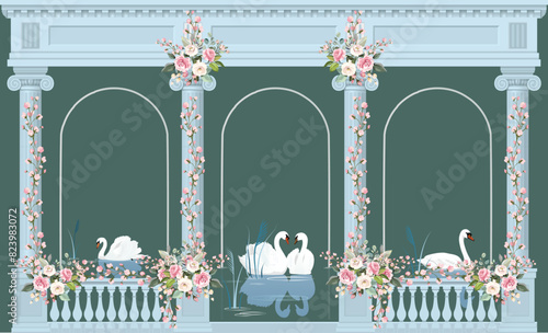 Greek, Roman, Greek arch, garden, peacock, wallpaper illustrations. Greece garden statue Greek sculpture.