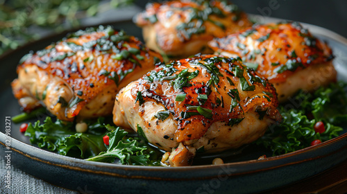 Tasty filled chicken thighs on plate with greene photo