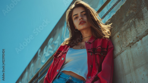 Fashion model in casual clothes poses outdoors. A young woman walks on a sunny day.