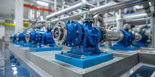 Blue pumps, stainless steel pipes, and valves in an industrial water treatment facility. Concept Industrial Design, Water Treatment, Machinery, Pipeline System, Infrastructure