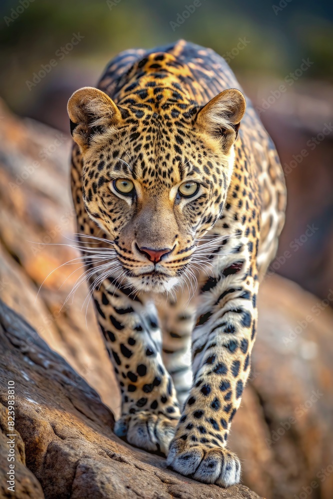 Leopard Walking on Rock in the Wild. Generative AI Leopard Walking on Rock in the Wild. Generative AI