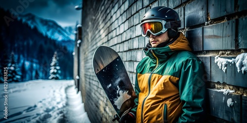 Sport background, a man with a snowboard in glasses and a suit stands near the wall, vacation, winter, wallpaper photo