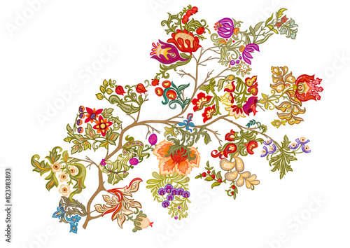 Fantasy, alien flowers, decorative flowers and leaves. Cartoon style. Millefleurs trendy floral design. Clip art, set of elements for design Vector illustration.