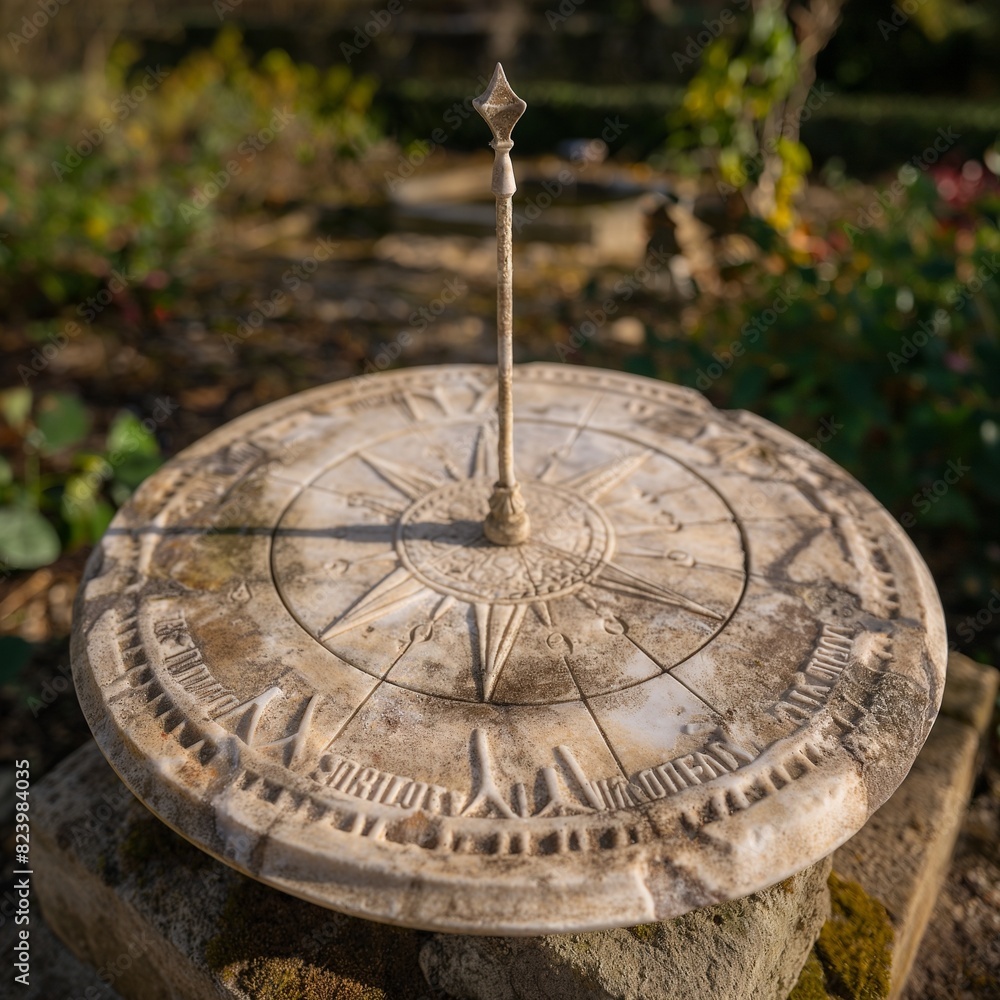 A marble sundial, its gnomon casting a precise shadow on the intricately marked surface, situated in an old-world garden, captured under the clear midday sun.