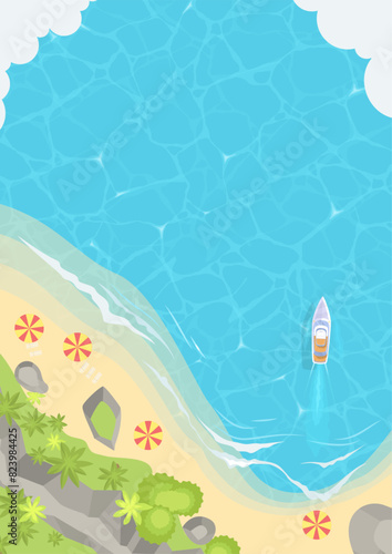 Tropical island beach top view cartoon vector illustration. Sea wave and yacht boat, sand shore with touristic umbrellas aerial panoramic design. Holiday journey on touristic resort