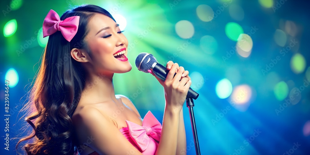 On blue blurred background Asian girl with brown hair bow and pink dress sings into microphone, singer, , career background, wallpaper On blue blurred background Asian girl with brown hair bow and pink dress sings into microphone, singer, , career background, wallpaper