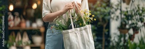 A woman holding a reusable shopping bag filled with vibrant flowers, showcasing eco-friendly choices and sustainability photo