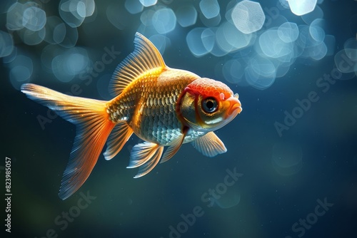 Close-up of a vibrant goldfish swimming in clear water with a bokeh background, showcasing its vivid colors and delicate fins.