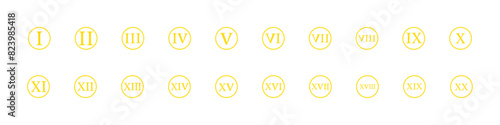 Set of golden Roman numerals from 1 to 20. Vector isolated on a white background.