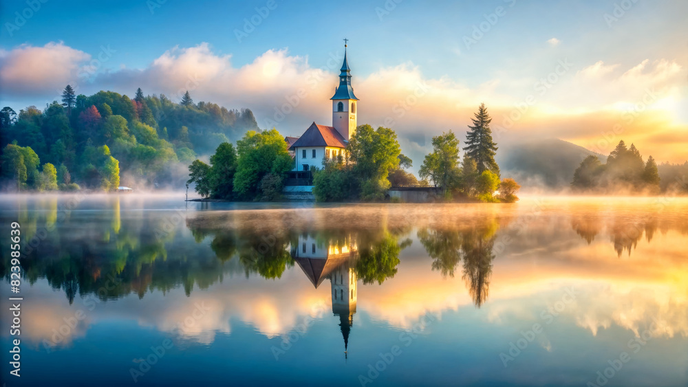 A serene image of an ancient church shrouded in morning mist on a peaceful island. Ideal for travel posters, religious themes, or peaceful backgrounds. A serene image of an ancient church shrouded in morning mist on a peaceful island. Ideal for travel posters, religious themes, or peaceful backgrounds.