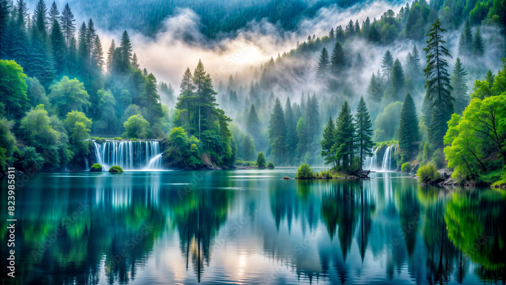  A peaceful sunrise scene over a still mountain lake surrounded by mist. Ideal for travel promotion materials, relaxation themes, or landscape wallpapers. 