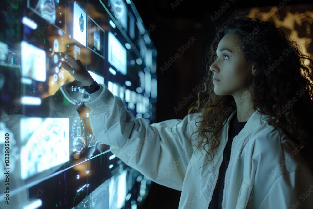 Fototapeta premium Young professional interacting with advanced digital interface in futuristic environment for data exploration