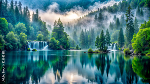  A peaceful sunrise scene over a still mountain lake surrounded by mist. Ideal for travel promotion materials  relaxation themes  or landscape wallpapers. 