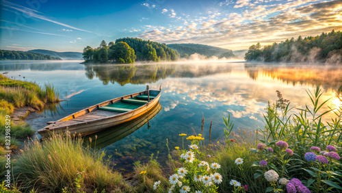 Tranquil lakeside sunrise. Serene lake scene with a moored boat. Perfect for wellness and relaxation themes, nature wallpapers, travel posters and more.   © Olga