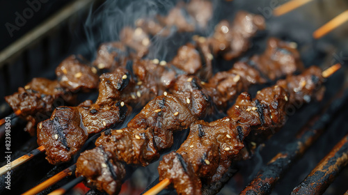 lamb kebabs on the grill with skewers, smoke rising from the meat barbecue during summer roasting sessions