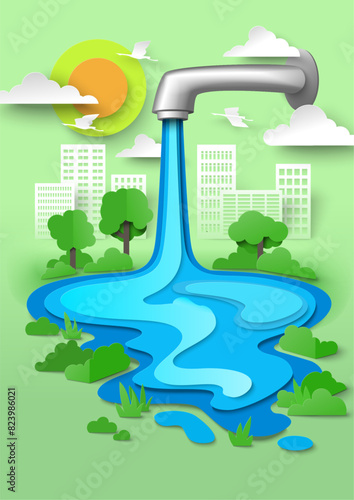 Water world day papercut poster with tap faucet, pipe and cityscape background. Environment save, leak management, precious aqua resource control and conservation campaign