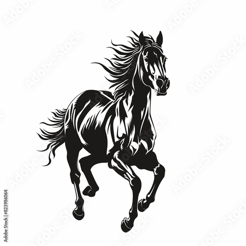 A black horse is running with its mane flying in the wind
