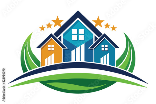 Creative real estate logo with multiple houses, stars, and green leaf design, symbolizing quality home services
