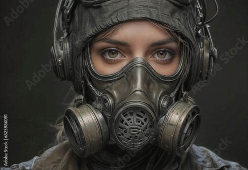 blonde woman wearing a gas mask. generative ai