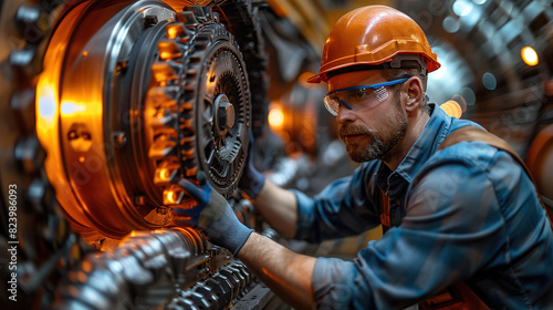 An engineer repairs a large airplane engine. A worker inspects a large engine at a factory. photo