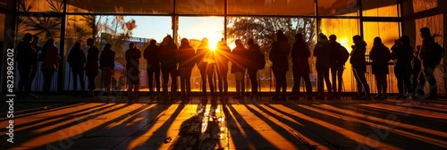 Silhouette of a diverse group of individuals standing outside a polling station at sunset, with the sun casting long shadows