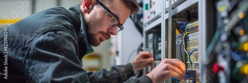 An electronics technician is seen working on an electrical panel in a factory, showcasing advanced technical knowledge and precision photo