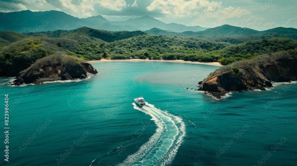 Breathtaking Caribbean scenery featuring teal sea, lush green mountains, boat creating wake; perfect for summer vacations, tropical holidays, adventure. Copy space.