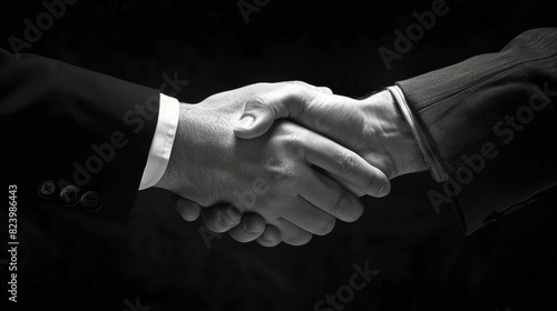 Strong business handshake in black & white showing trust between two professionals in suits with dark background highlighting corporate partnership.