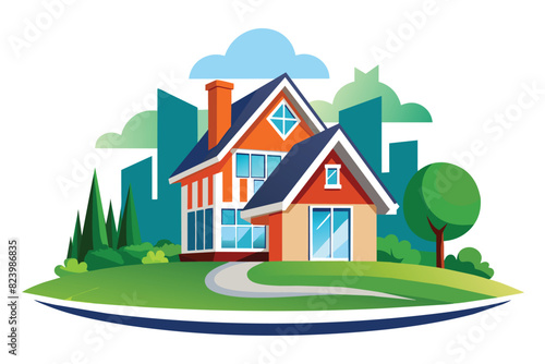 Modern suburban houses with city skyline backdrop, real estate vector illustration