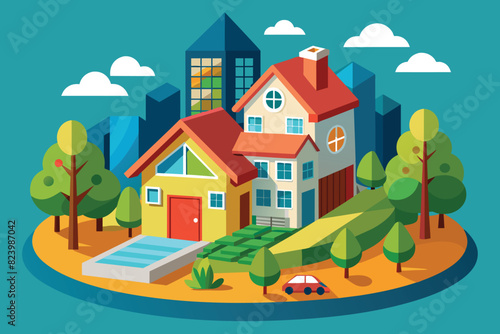 Vibrant vector illustration of a modern town or suburban neighborhood