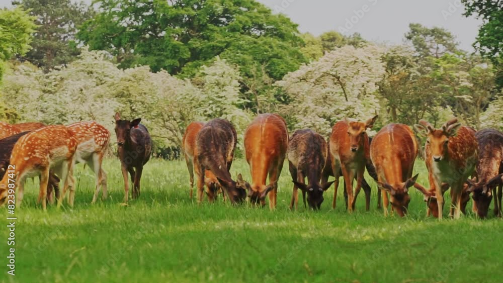 A herd of orange and black deer grazing as they walk in the wild. A herd of orange and black deer grazing as they walk in the wild.