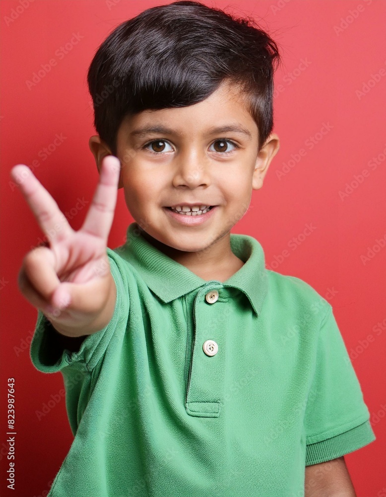 An indian boy on red background showing victory sign An indian boy on red background showing victory sign