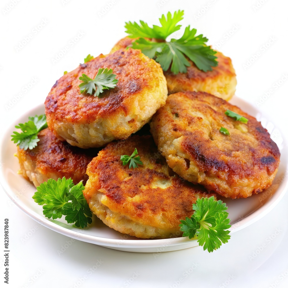 Plate of Crab Cakes With Parsley. Generative AI Plate of Crab Cakes With Parsley. Generative AI