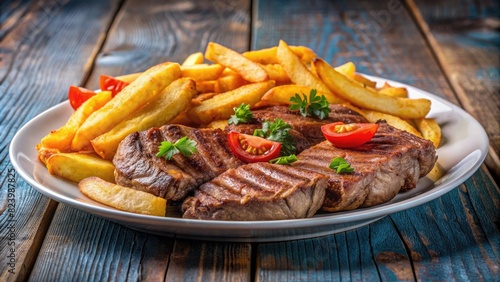 Plate of Steak and French Fries on Wooden Table. Generative AI © Irina