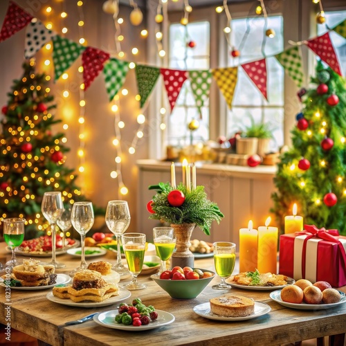 Elegant Christmas Dinner Table With Candles and Food. Generative AI © Irina