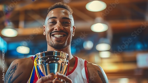Athlete holding a trophy, with triumph and happiness photo