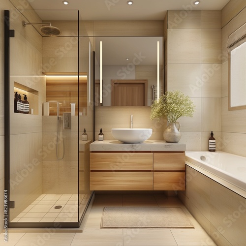 A modern bathroom with a Scandinavian design  featuring clean lines  functional storage solutions  and a neutral color palette enhanced by natural light.