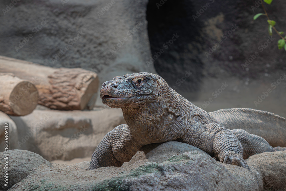 Komodo dragon, unit sitting in the background, looking forward, has good sharpness and texture Komodo dragon, unit sitting in the background, looking forward, has good sharpness and texture