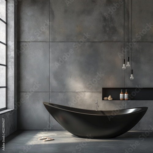A modern bathroom with a concrete finish on the walls and floors  complemented by a sleek  black matte freestanding tub  embodying urban sophistication.