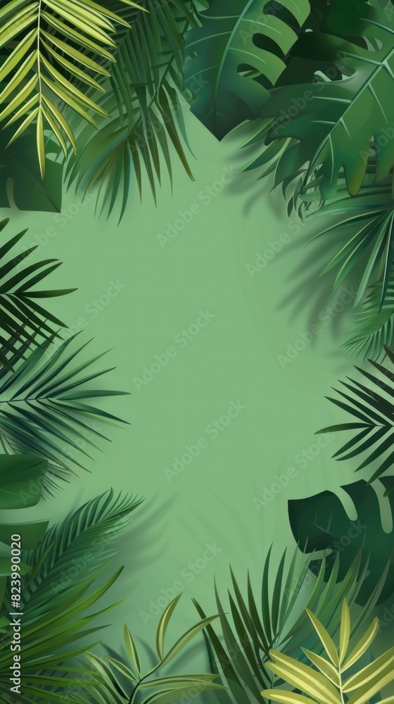 Green background with palm leaves. Minimalism, blank space.