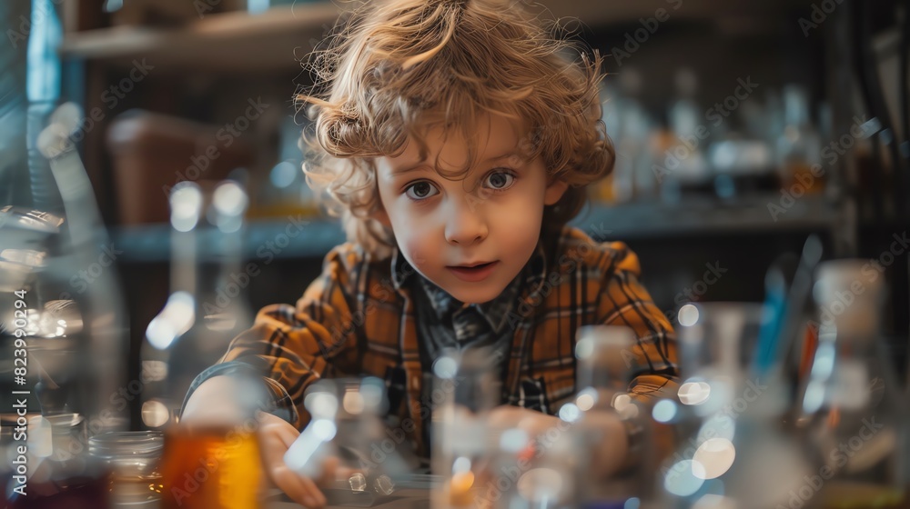 Child working on a science experiment, with curiosity and excitement Child working on a science experiment, with curiosity and excitement