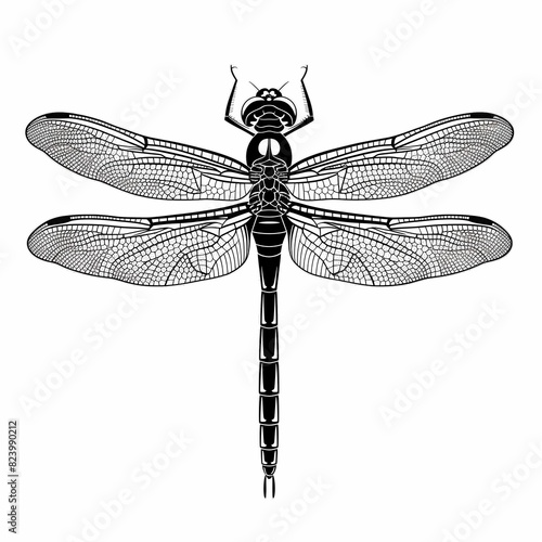 A black and white drawing of a dragonfly