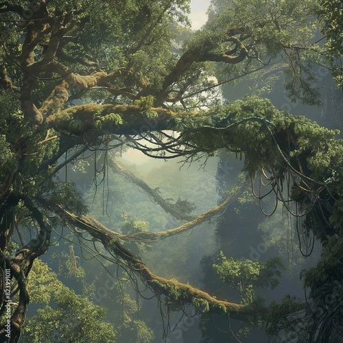 A network of vines and lianas crisscrossing between trees, creating natural bridges and tunnels that add to the mystery and complexity of the rainforest landscape.