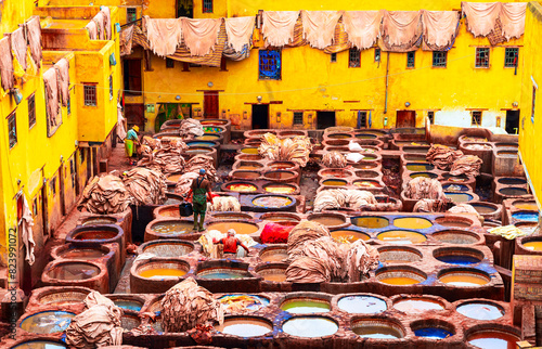 Fez or Fes, Morocco: General view of the Chouara Tannery(Chouwara). North Africa