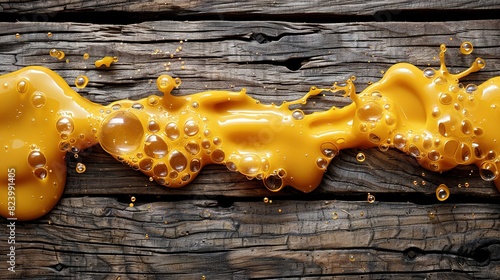  A close-up of a wooden surface with yellow liquid seeping from the top photo