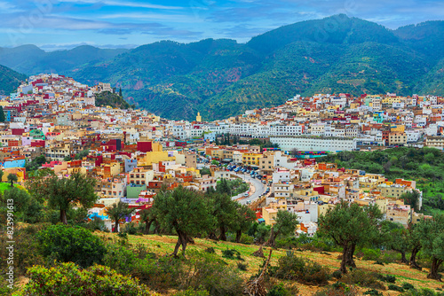 Moulay-Idriss, Morocco: Panoramic view of the colorfull, sacred town of Moulay Idriss. North Africa travel destination