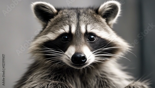 A close-up of a brown and black raccoon's face, sitting on top of a white surface with its paws outstretched wide apart. © Marlon