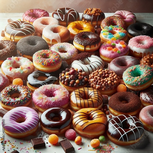 Colorful, delicious donuts with various glazes and sprinkles on a table