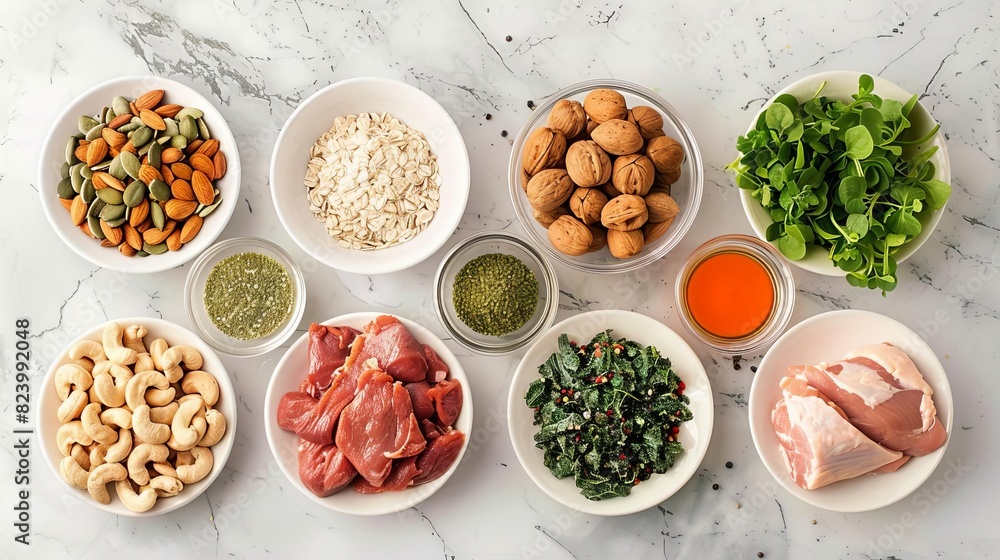 ketofriendly ingredients nuts seeds lean meats and leafy greens in appetizing arrangement healthy eating concept ketofriendly ingredients nuts seeds lean meats and leafy greens in appetizing arrangement healthy eating concept