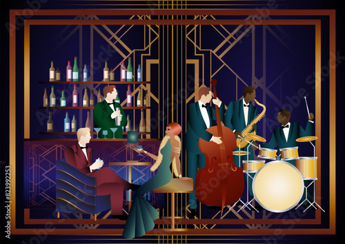 Jazz musicians and singer in a restaurant, cafe or bar. Double bass, saxophone, drum. Musicians play musical instruments